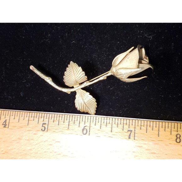 Vintage Unsigned Rose Floral Brooch Pin, Gold Tone Rose With Stem And Leaves - Picture 9 of 9